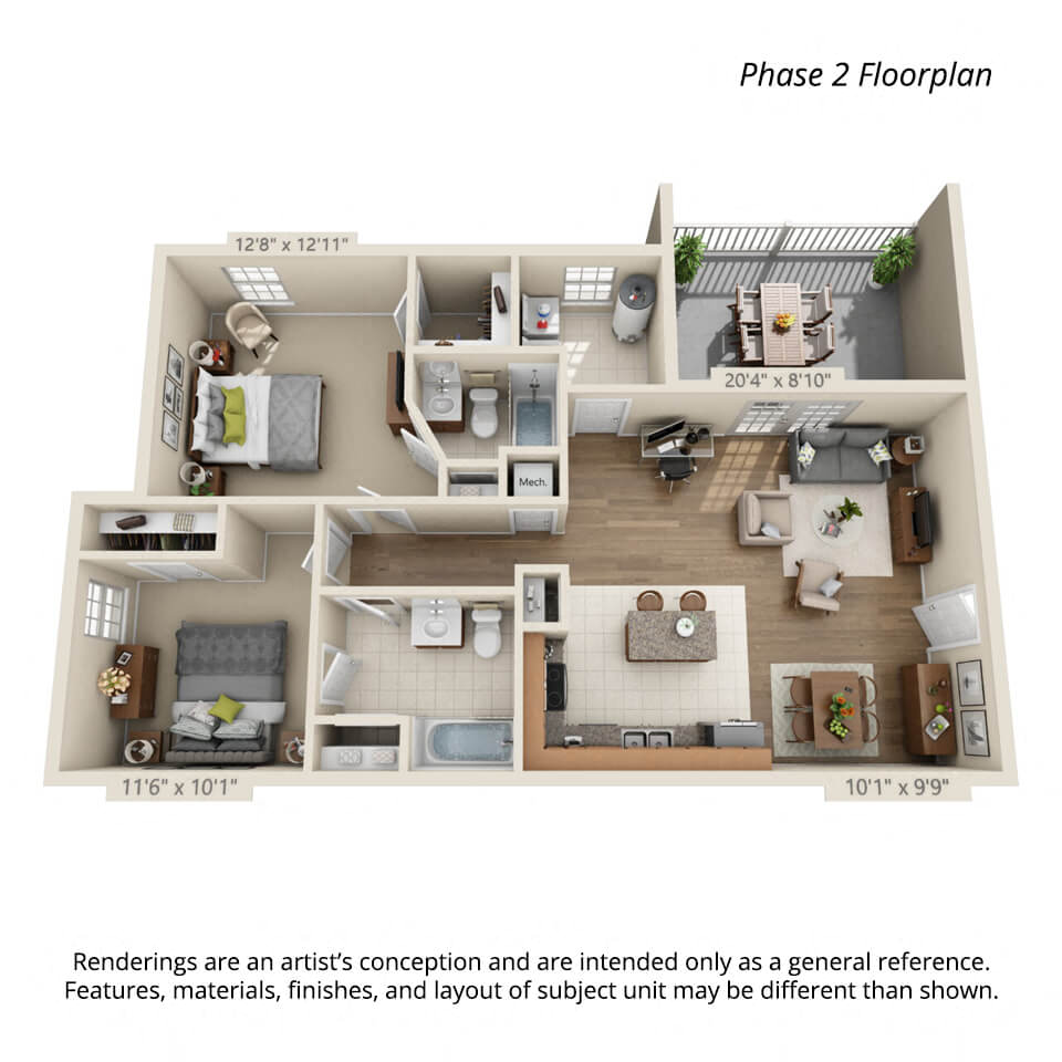 2 bedroom 3d floorplan Phase 2 for Town View Apartments Elizabethton